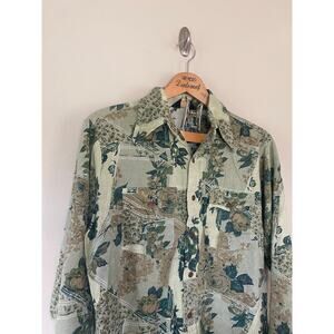 Vtg 1970s JCPenney Floral Men's Large Long Sleeve Snap Button Up Shirt Disco